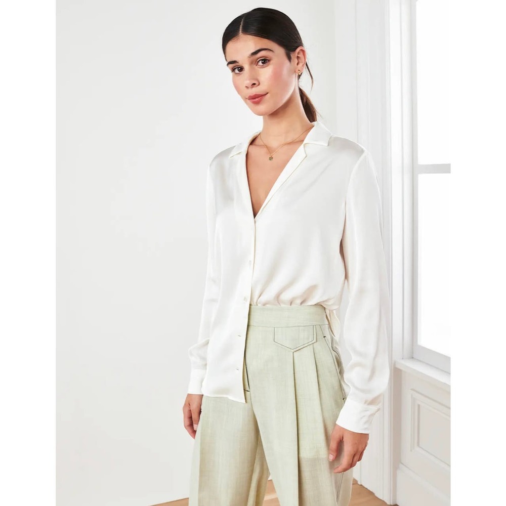 Quince Ivory Washable Stretch Silk Notch Collar Blouse NWT size Medium